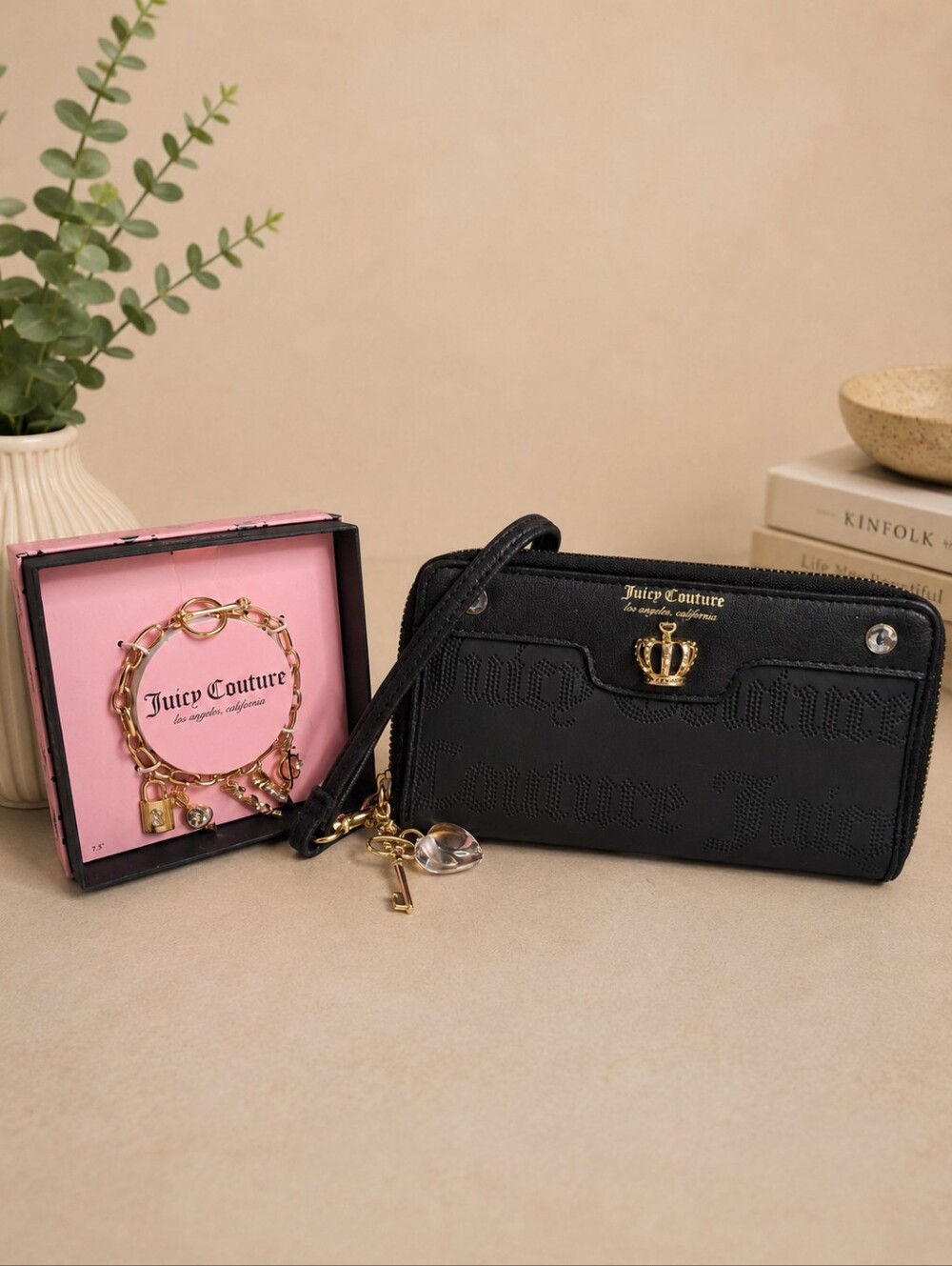 Juicy Couture Black Crown Wristlet & Boxed Charm Bracelet Set NIB